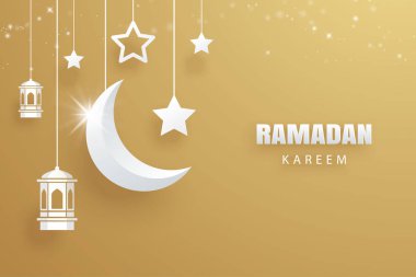 Ramazan Kareem tebrik kartı ay ve yıldız geleneksel fenerler altın arka plan. Eid Mubarak banner illüstrasyon tasarımı. Kullanım İslam el ilanı, afiş, broşür, satış için.