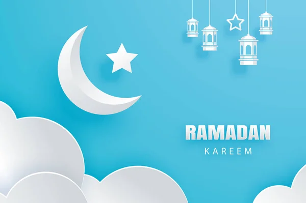 Ramadán Kareem Tarjeta Felicitación Luna Estrellas Fondo Linternas Tradicionales Diseño — Vector de stock