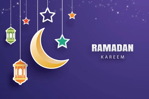 ラマダン カリーム グリーティング カード月と星伝統的なランタン背景 イードムバラク バナー イラスト デザイン イスラムのチラシ ポスター — ストックベクタ