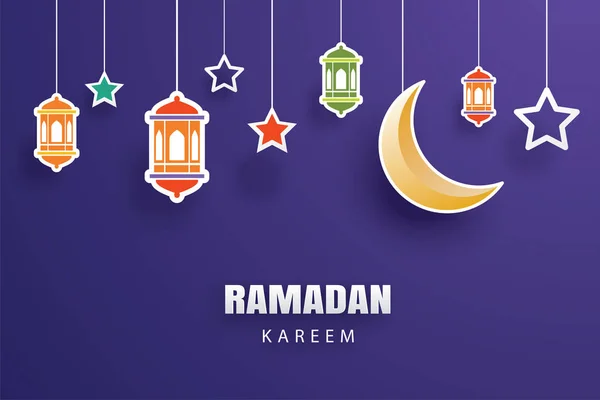 Ramadan Kareem Powitanie Karta Księżyc Gwiazdy Latarnie Tradycyjne Podłoże Eid — Wektor stockowy