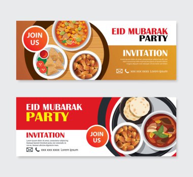 Eid Mubarak parti davetiyeleri tebrik kartı ve afiş gıda arka plan ile. Ramazan Kareem vektör çizim. Kullanım için kapak, afiş, el ilanı, broşür, etiket, fiş, Satılık şablonu.