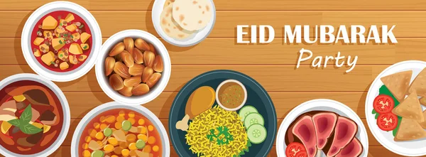 Eid Mubarak Copertina Del Partito Banner Con Cibo Sfondo Legno — Vettoriale Stock