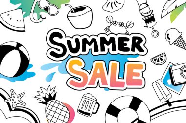 Yaz Satılık doodle simgesi tasarım üzerinde beyaz arka plan ile. Reklam şablon el tarzı çizilmiş. Poster, etiketleri, kart, etiket, Etiketler, rozetleri, el ilanı, afiş, vektör çizim için kullanın.