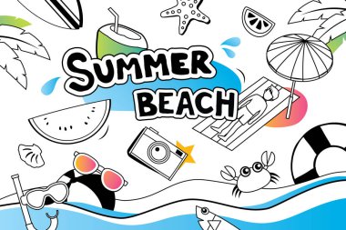 Doodle sembolü ve nesneleri simgesi tasarım beach parti arka plan için yaz. Davet çizilmiş stil ver. Kullanım etiketleri, çıkartmalar, rozetleri, afiş, el ilanı, afiş, illüstrasyon tasarımı için.