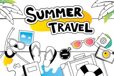 Yaz seyahat doodle sembolü ve nesneleri simgesi tasarım plaj arka plan için. Elinde çizilmiş stil vektör. Kullanım etiketleri, çıkartmalar, rozetleri, afiş, el ilanı, afiş, illüstrasyon tasarımı için.