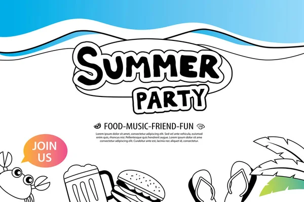 Sommerfest Mit Doodle Ikone Und Design Auf Weißem Hintergrund Einladungsplakat — Stockvektor