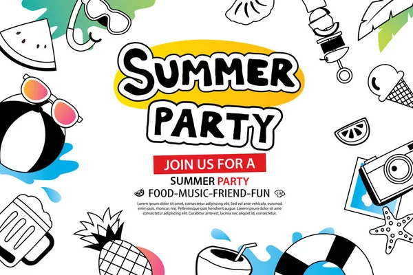 Sommerfest Mit Doodle Ikone Und Design Auf Weißem Hintergrund Einladungsplakat — Stockvektor