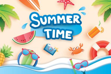 Yaz saati kağıt ile tatil plaj arka plan için sembol simge kesti. Sanat ve el sanatları tarzı. Afiş, poster, kart, kapak, çıkartmalar, rozetleri, illüstrasyon tasarımı için kullanın.