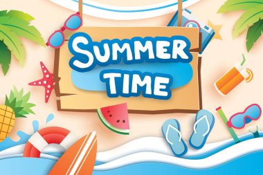 Yaz saati kağıt ile tatil plaj arka plan için sembol simge kesti. Sanat ve el sanatları tarzı. Afiş, poster, kart, kapak, çıkartmalar, rozetleri, illüstrasyon tasarımı için kullanın.