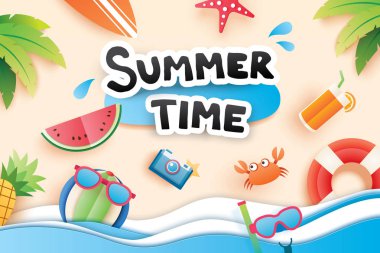 Yaz saati kağıt ile tatil plaj arka plan için sembol simge kesti. Sanat ve el sanatları tarzı. Afiş, poster, kart, kapak, çıkartmalar, rozetleri, illüstrasyon tasarımı için kullanın.