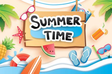 Yaz saati kağıt ile tatil plaj arka plan için sembol simge kesti. Sanat ve el sanatları tarzı. Afiş, poster, kart, kapak, çıkartmalar, rozetleri, illüstrasyon tasarımı için kullanın.