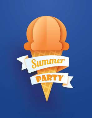 Yaz partisi poster dondurma koni üzerinde mavi arka plan ile. Kağıt Sanat ve el sanatları tarzı.