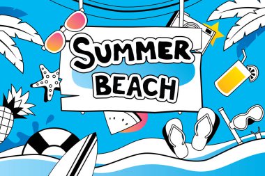 Doodle sembolü ve nesneleri simgesi tasarım beach parti arka plan için yaz. Davet çizilmiş stil ver. Kullanım etiketleri, çıkartmalar, rozetleri, afiş, el ilanı, afiş, illüstrasyon tasarımı için.