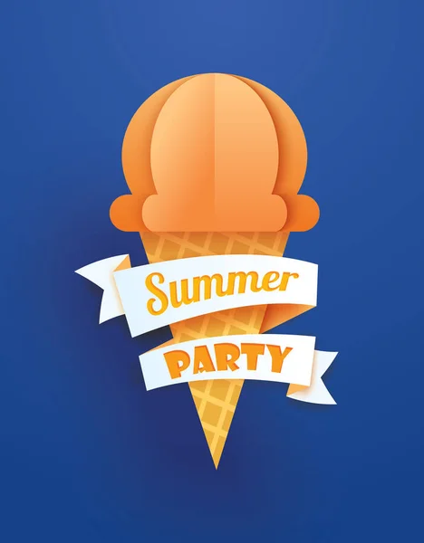 Літня Вечірка Плакат Конусом Морозива Синьому Фоні Паперове Мистецтво Стиль — стоковий вектор