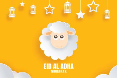 Eid Al Kurban Bayramı mübarek kutlama kartı ile kağıt sanat sarı arka plan koyun. Afiş, poster, afiş, broşür Satılık şablonu için kullanın.