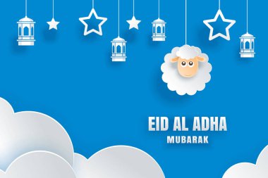 Eid Al Kurban Bayramı mübarek kutlama kartı koyun kağıt sanat mavi arka plan ile. Afiş, poster, afiş, broşür Satılık şablonu için kullanın.