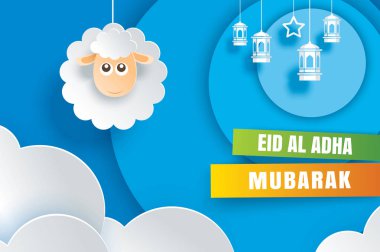 Eid Al Kurban Bayramı mübarek kutlama kartı koyun kağıt sanat mavi arka plan ile. Afiş, poster, afiş, broşür Satılık şablonu için kullanın.