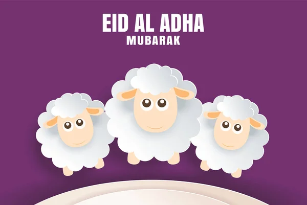 Eid Adha Mubarak Biglietto Celebrazione Con Pecore Carta Arte Viola — Vettoriale Stock