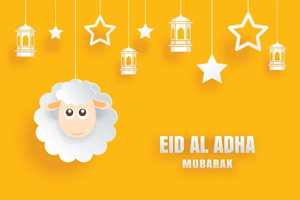 Eid Adha Mubarak Celebration Kort Med Får Papper Konst Gul — Stock vektor