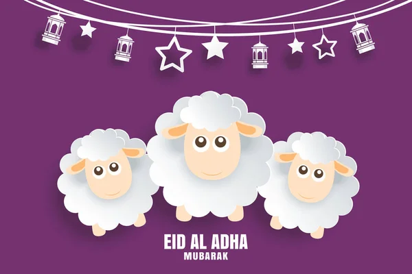 Eid Adha Mubarak Biglietto Celebrazione Con Pecore Carta Arte Viola — Vettoriale Stock