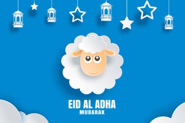 Eid Al Kurban Bayramı mübarek kutlama kartı koyun kağıt sanat mavi arka plan ile. Afiş, poster, afiş, broşür Satılık şablonu için kullanın.