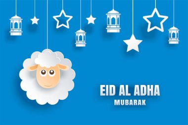 Eid Al Kurban Bayramı mübarek kutlama kartı koyun kağıt sanat mavi arka plan ile. Afiş, poster, afiş, broşür Satılık şablonu için kullanın.