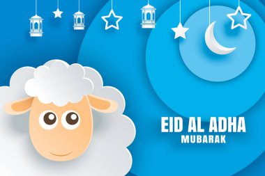 Eid Al Kurban Bayramı mübarek kutlama kartı koyun kağıt sanat mavi arka plan ile. Afiş, poster, afiş, broşür Satılık şablonu için kullanın.