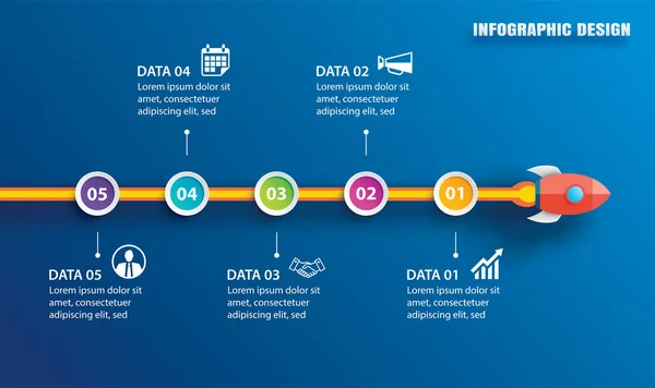 Uruchamiania Infografiki Koło Poziome Danych Szablonu Wektor Ilustracja Rakieta Streszczenie — Wektor stockowy