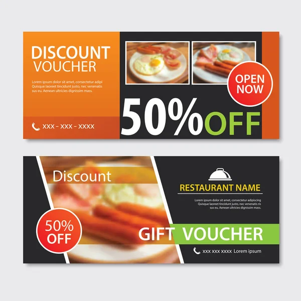 Discount Voucher Breakfast Template Design Set Fried Egg Bacon Sausage — Stock Vector