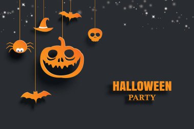 Turuncu Halloween Kağıt içinde koyu arka plan asılı. Parti davetiye, el ilanı, tebrik, afiş, poster, vektör çizim için kullanın.