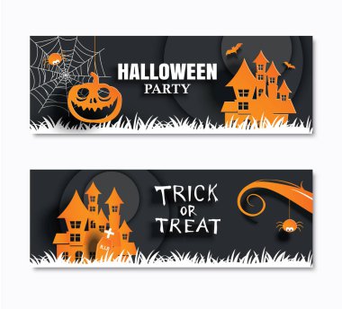 Cadılar Bayramı partisi davetiyeleri afiş ve tebrik kartları. Kağıt arka plan sanat.