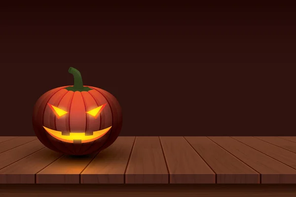 Zucca Halloween Con Luce Incandescente Faccia Sorridente Sfondo Tavolo Legno — Vettoriale Stock
