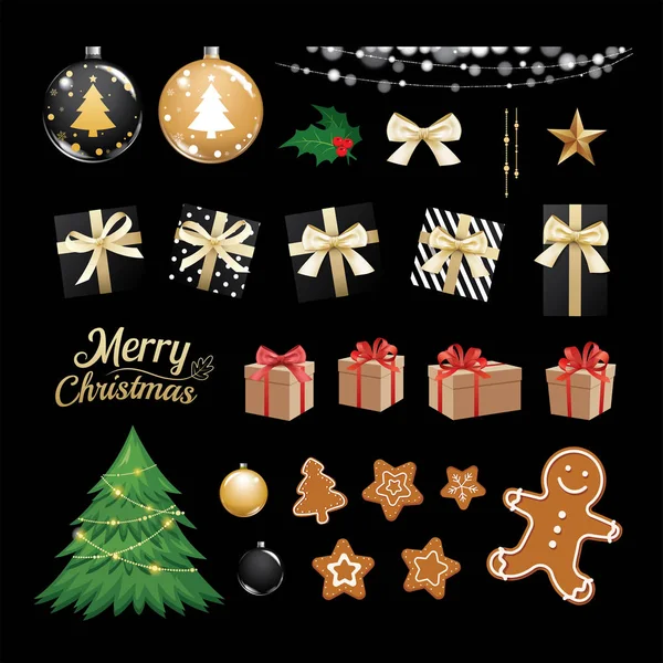 Christmas Objects Collection Set Gifts Decorative Ornaments Background — Stock Vector