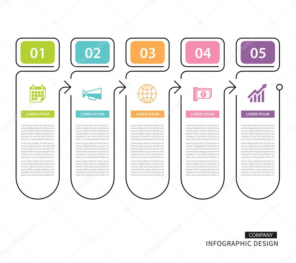 Infographics tab in vertical thin line index with 5 data template. Vector illustration abstract background. Can be used for workflow layout, business step, banner, web design.