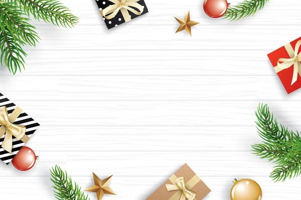 白い木製の背景上のテキストにコピー スペースを持つクリスマス フレーム モミの枝とギフト ベクトル イラスト デコレーション グリーティング カード バナー — ストックベクタ