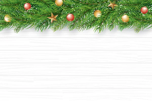 Kerst Met Spar Branch Witte Houten Achtergrond Vector Illustratie Top — Stockvector