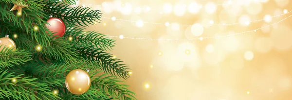 ゴールドのクリスマス ツリーは ライト背景をぼかし カバー バナー グリーティング カード テンプレート ベクトル図 — ストックベクタ