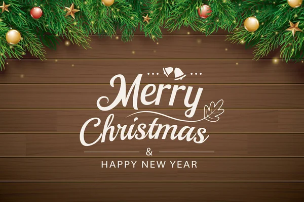 Carte Voeux Noël Avec Branche Sapin Sur Fond Bois Brun — Image vectorielle