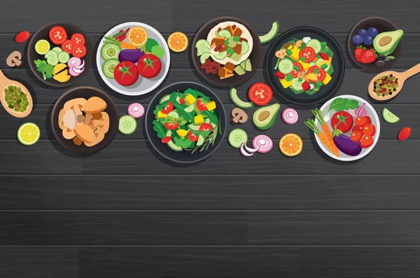 Koyu Ahşap Masa Arka Plan Üzerinde Malzemelerle Sağlıklı Gıda — Stok Vektör