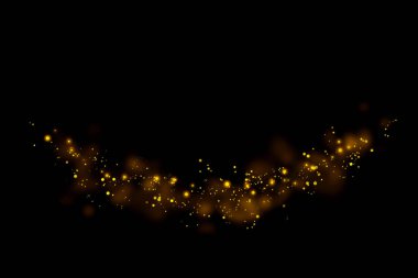 Altın parıltılı parçacıklar siyah arka planda iz bırakır ve bokeh olur. Soyut çizgi ışıltı dokusu.