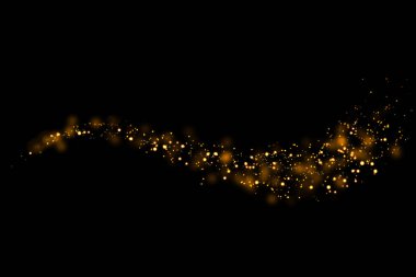 Altın parıltılı parçacıklar siyah arka planda iz bırakır ve bokeh olur. Soyut çizgi ışıltı dokusu.
