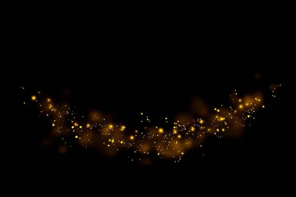 Altın parıltılı parçacıklar siyah arka planda iz bırakır ve bokeh olur. Soyut çizgi ışıltı dokusu.