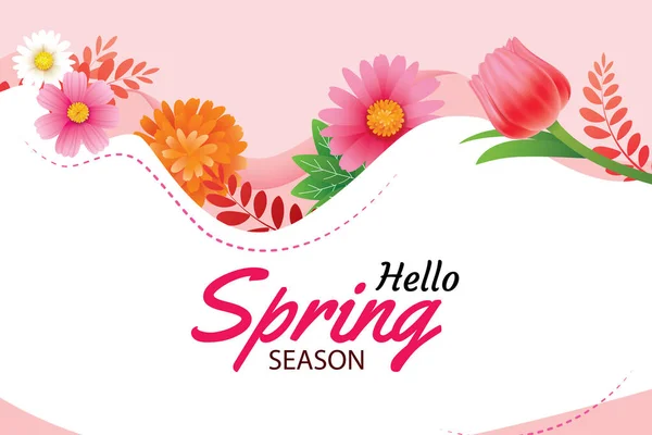 Hello Spring Greeting Card Invitation Blooming Flowers Background Template Design — Stock Vector