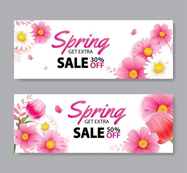 Spring sale cover banner with blooming flowers background templa — Stock Vector