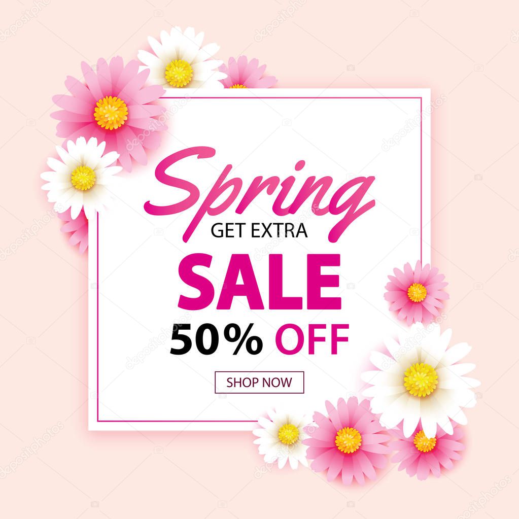 Spring sale banner with blooming flowers background template. De