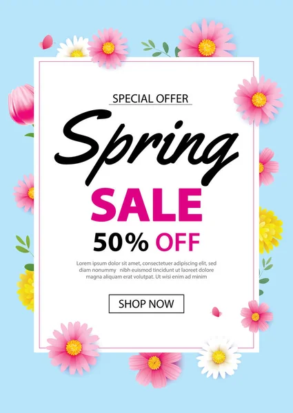 Frühling Verkauf Poster Banner mit blühenden Blumen Hintergrund Tempel — Stockvektor