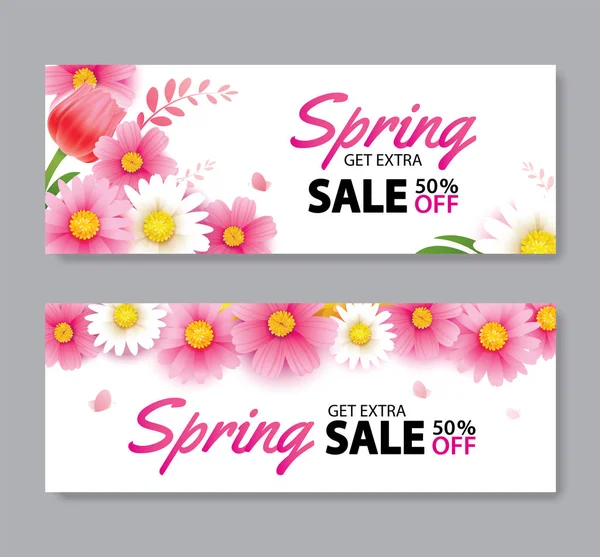 Spring sale cover banner with blooming flowers background templa — Stock Vector