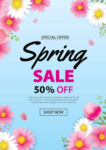 Banner del cartel de la venta de primavera con flores florecientes fondo templ — Vector de stock