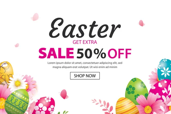 Wielkanoc sprzedaży transparent projekt szablonu z kolorowych jaj i kwiat — Wektor stockowy