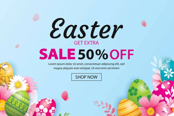 Easter sale banner design template with colorful eggs and flower